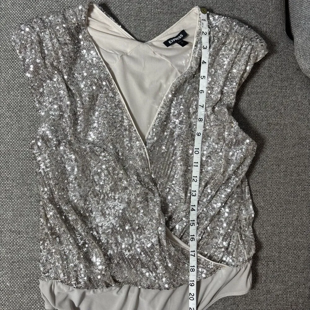 Express Womens Small Silver Sequin Sparkly Stretchy Bodysuit Y2K Glam party - Picture 6 of 7